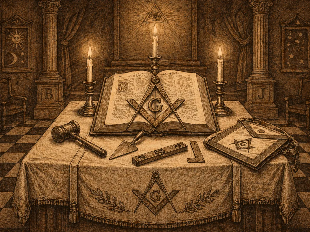 Engraving-style Masonic study table with open book, working tools, columns and candles