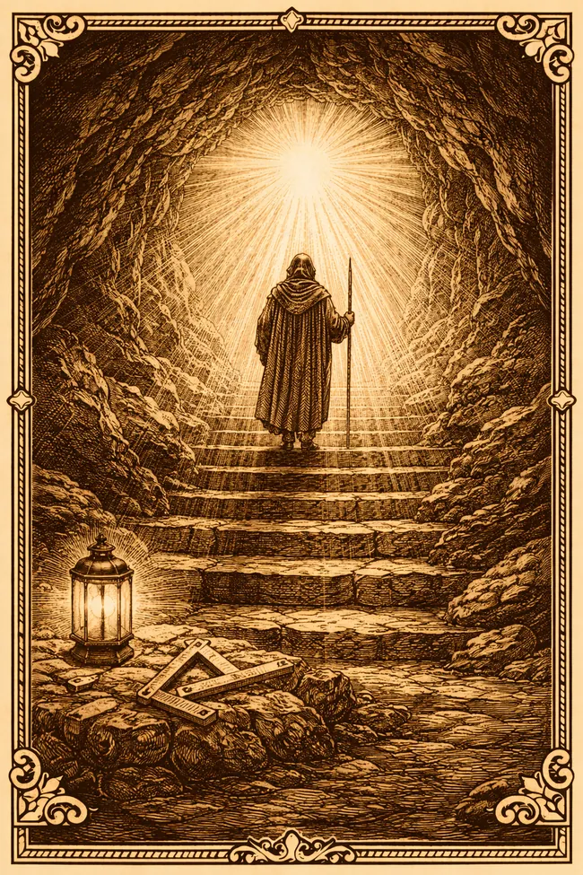 Engraving-style figure ascending from darkness towards light