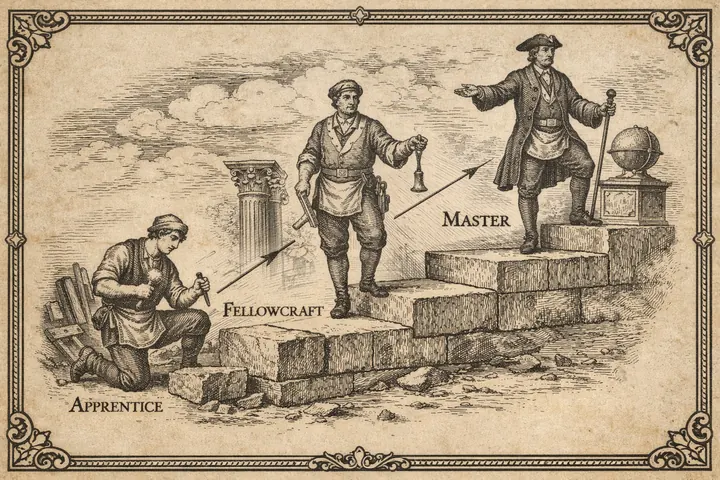 Historical-style engraving of the Apprentice, Fellowcraft and Master stages as a progression of Masonic work